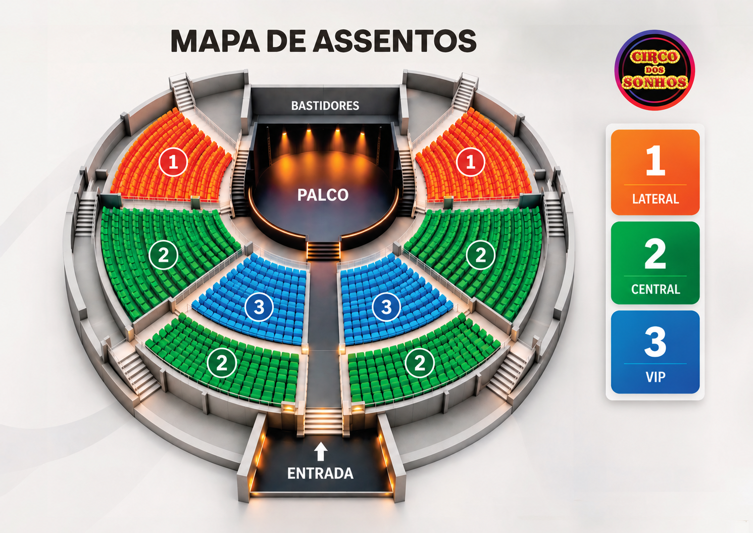 Mapa de três setores: 1 Lateral laranja; 2 Central verde, nas laterais e nos blocos inferiores; 3 VIP azul, próximo ao palco.